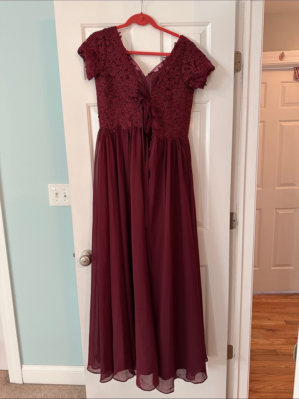 Burgundy Lace Bodice Chiffon Skirt Dress - Picture 2 of 2